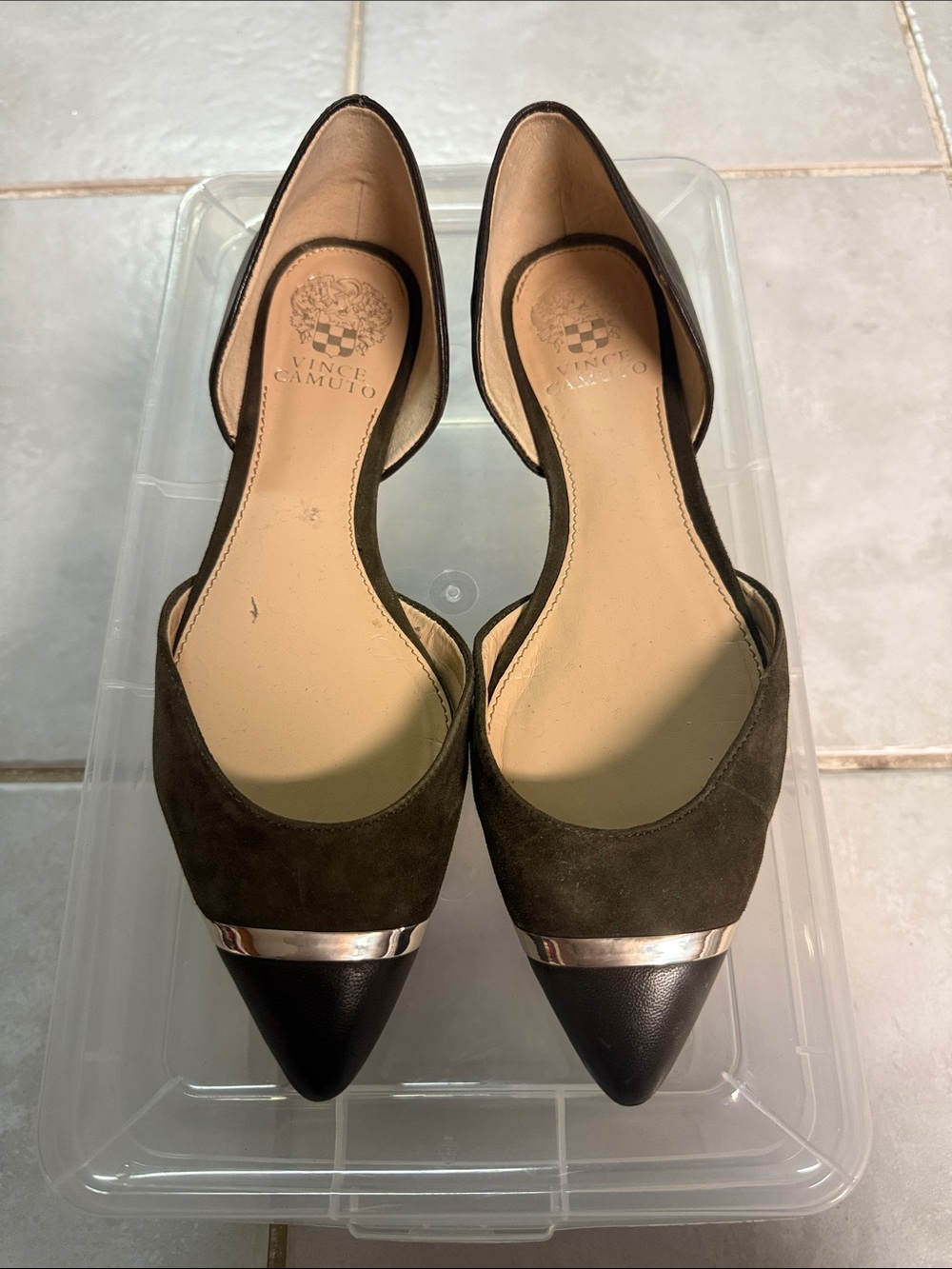 Vince Camuto Olive Suede & Black Leather D'Orsay Flats